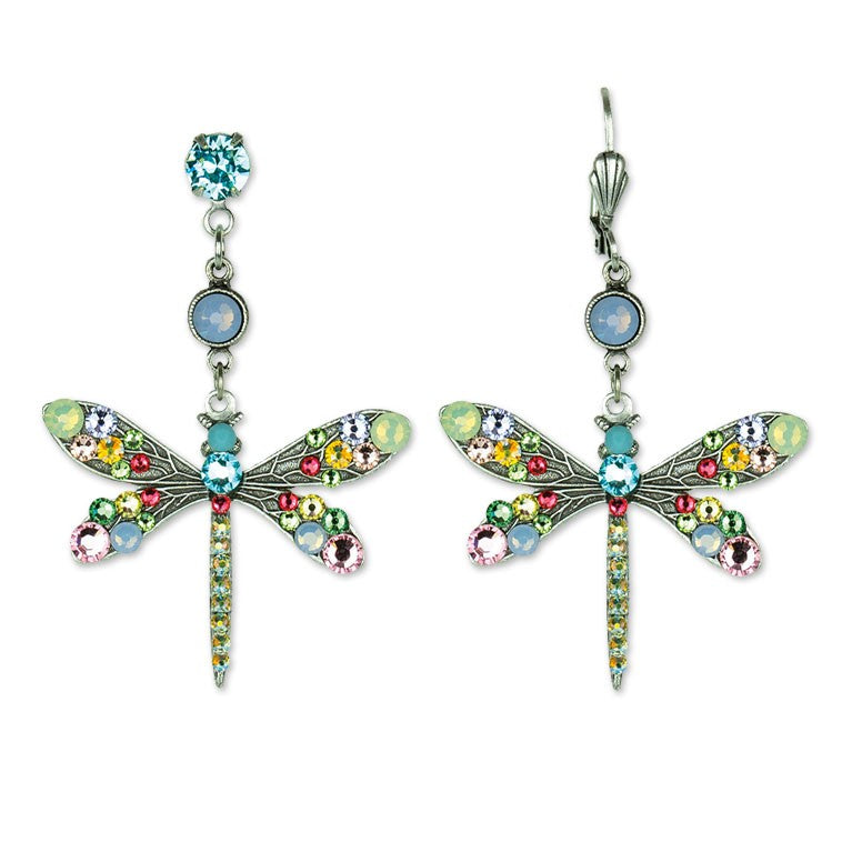 Large Stone Dragonfly Earrings by Anne Koplik Designs, Inc. feature silver-plated brass dragonflies with blue, green, pink, and yellow crystals plus extra round gems on ear hooks for a vibrant statement look.