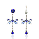 Blue Dragonfly w/Small Blue Drop Earrings by Anne Koplik Designs, Inc. feature dragonfly designs with enameled blue wings, small blue crystals at the tips, and sparkling blue gemstone studs.