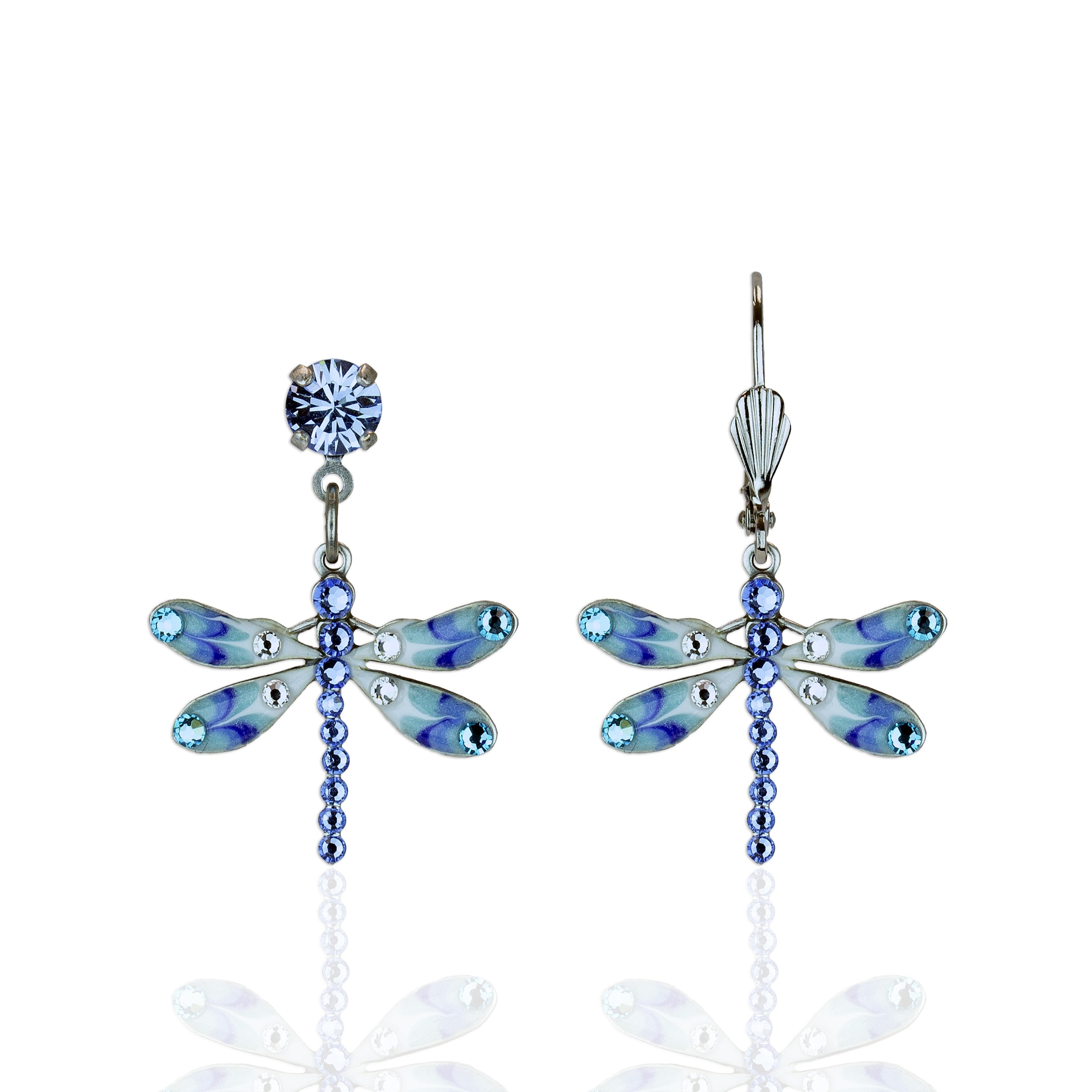 Anne Koplik Designs, Inc. Enamel/Crystal Blue Dragonfly Earrings feature sparkling blue gemstones on silver-toned wings and body—beautiful, ocean-inspired jewelry for nature lovers. Set against a white background with soft reflections.