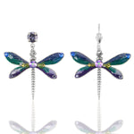 Anne Koplik Designs, Inc. Large Enamel & Stone Blue/Teal Dragonfly Earrings feature lead-free dragonflies with blue, purple, and green wings, silver-toned bodies, sparkling stones, and mix stud/hook design for a unique style.
