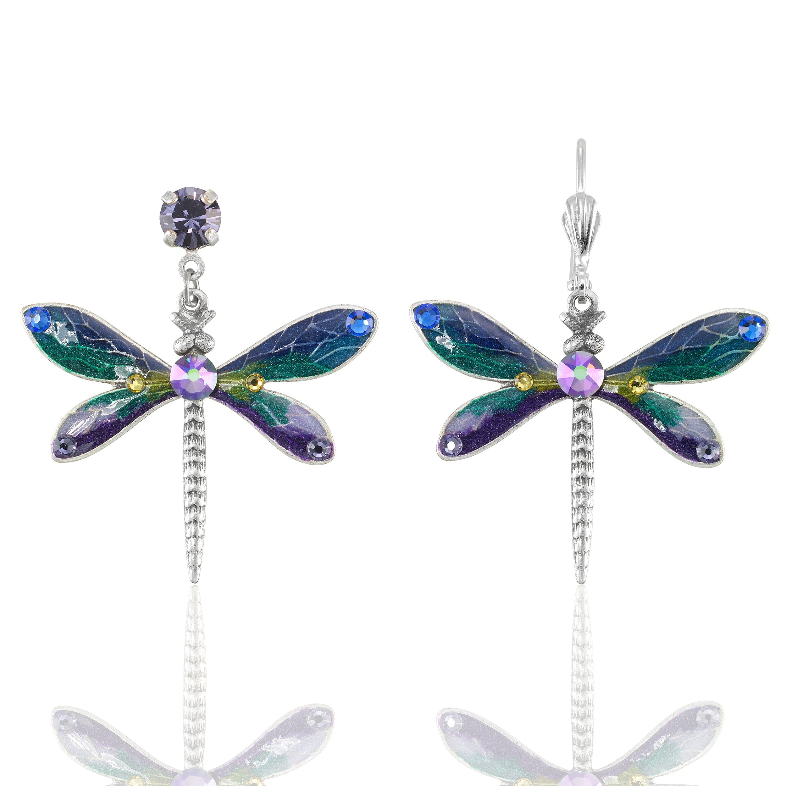 Anne Koplik Designs, Inc. Large Enamel & Stone Blue/Teal Dragonfly Earrings feature lead-free dragonflies with blue, purple, and green wings, silver-toned bodies, sparkling stones, and mix stud/hook design for a unique style.