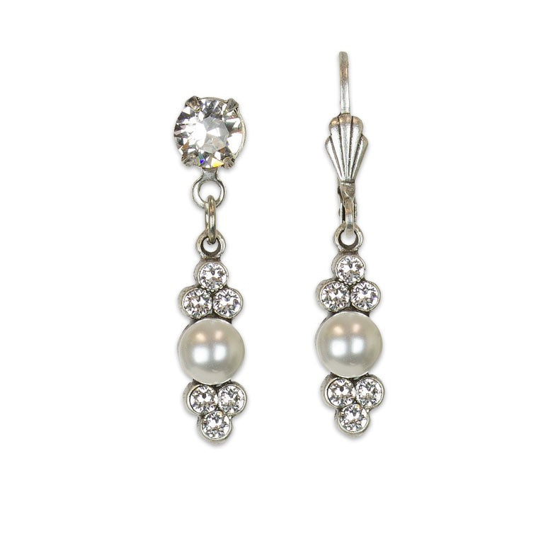 The Small Pendulum w/Faux Pearls Earrings by Anne Koplik Designs, Inc. feature faux pearls and sparkling stones in silver-tone metal—an elegant choice for timeless bridal accessories.