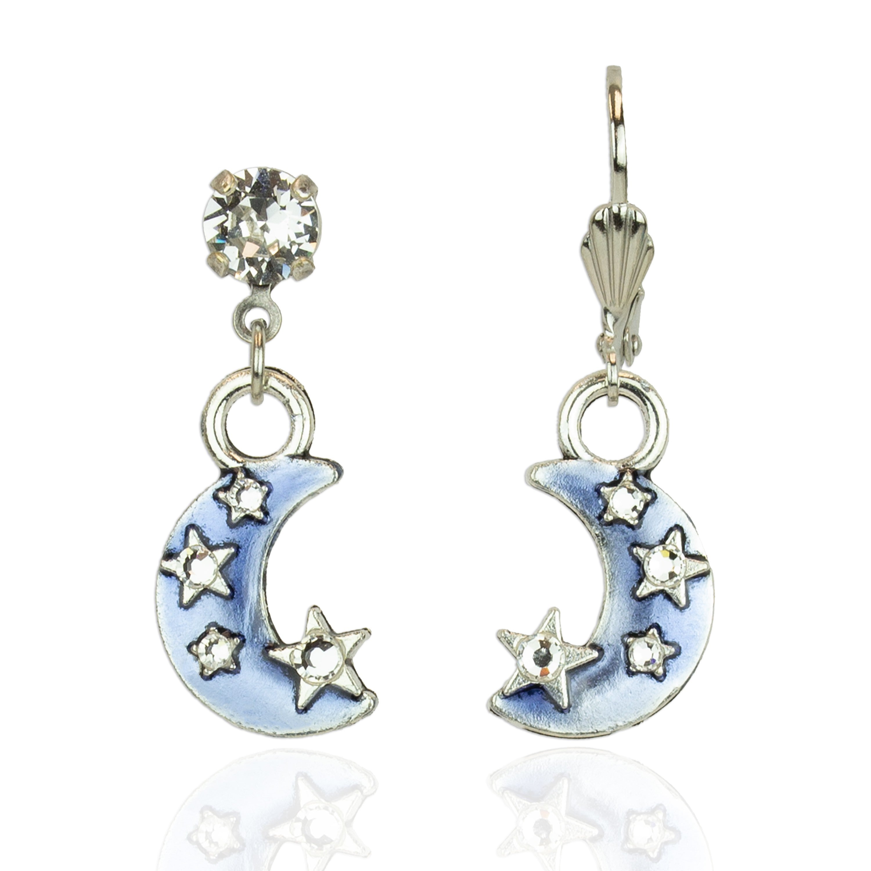 The Dream Stone/Enamel Blue Moon Earrings by Anne Koplik Designs, Inc. feature silver-plated crescent moons with clear gemstone studs, dangling moon charms adorned with small stars, and light blue hand-enameled accents.