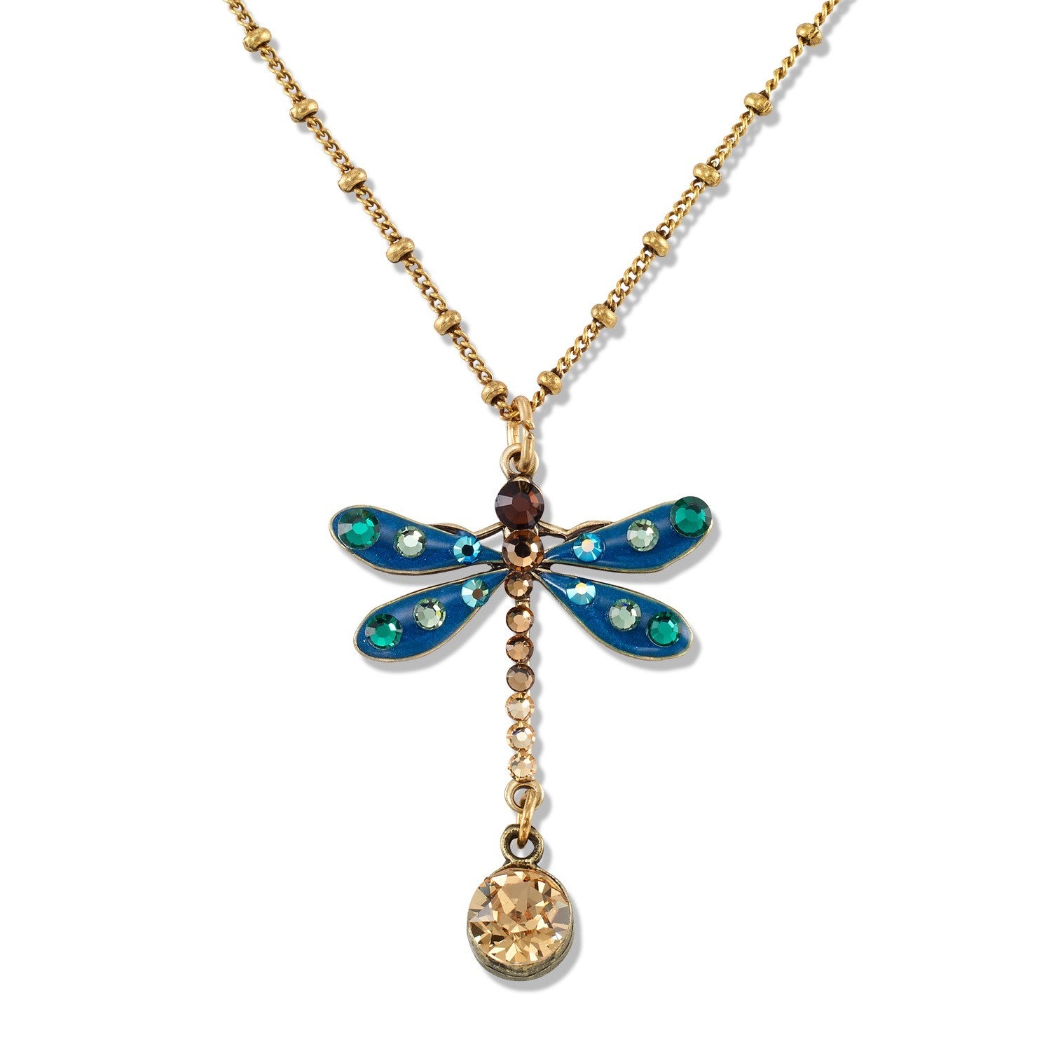 The Enamel & Stone Teal Dragonfly/Amber Drop Necklace by Anne Koplik Designs, Inc. features a gold chain, blue-winged dragonfly pendant with green, white, and brown gems, and an amber drop—perfect for artisanal teal jewelry lovers.