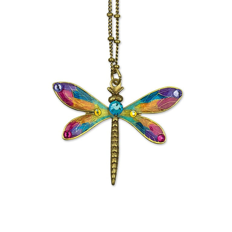 The Anne Koplik Designs Rainbow Enamel/Stone Dragonfly Necklace features hand-enameled blue, pink, yellow, and purple wings with sparkling crystal accents for a vibrant, gemstone-inspired look.