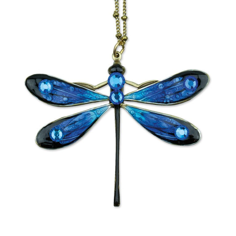 The Large Enamel/Stone Dragonfly Necklace by Anne Koplik Designs, Inc. features hand-enameled blue iridescent wings with black edges, blue crystal accents, and hangs from a gold chain—a dazzling statement piece.