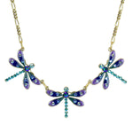 The Anne Koplik Designs Enamel/Stone 3 Dragonfly Collar Necklace features jeweled dragonflies with blue and purple wings and sparkling stones, highlighting elegant crystal jewelry on a plain white background.