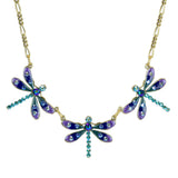 The Anne Koplik Designs Enamel/Stone 3 Dragonfly Collar Necklace features jeweled dragonflies with blue and purple wings and sparkling stones, highlighting elegant crystal jewelry on a plain white background.