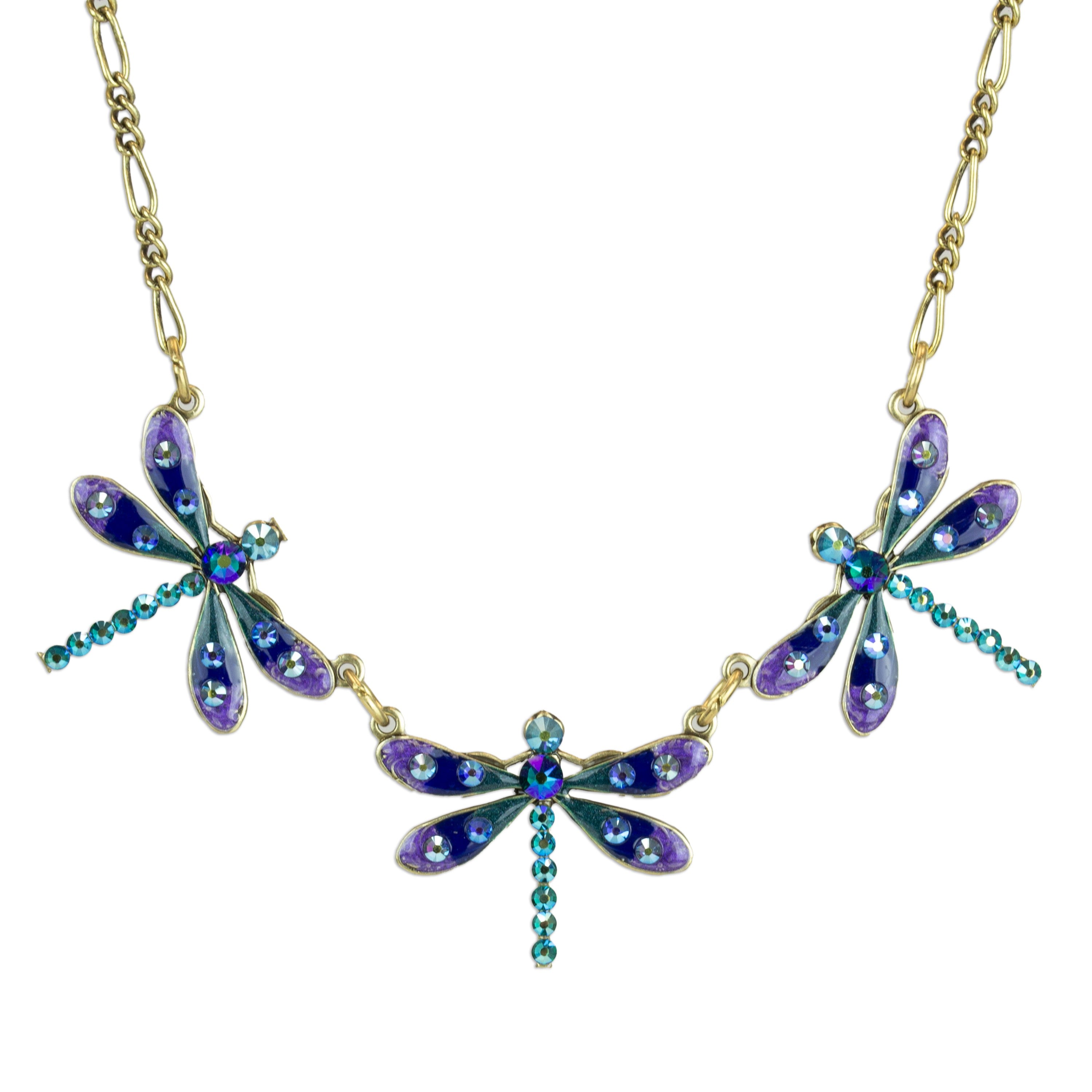 The Anne Koplik Designs Enamel/Stone 3 Dragonfly Collar Necklace features jeweled dragonflies with blue and purple wings and sparkling stones, highlighting elegant crystal jewelry on a plain white background.