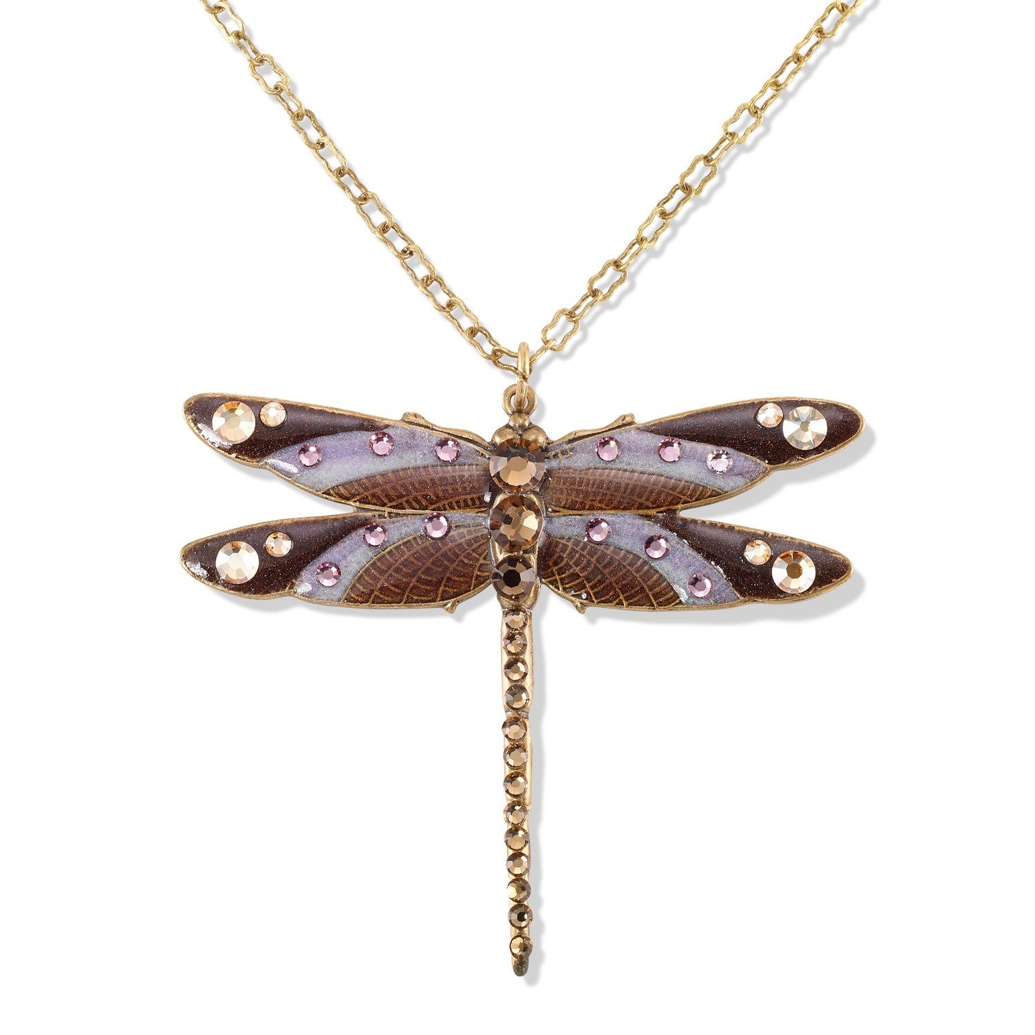 The Enamel & Stone Mocha/Lavender Dragonfly Necklace by Anne Koplik Designs, Inc. features a gold chain with a detailed dragonfly pendant in purple, brown, and gold enamel with gemstone accents on an adjustable brass chain. Lead free.