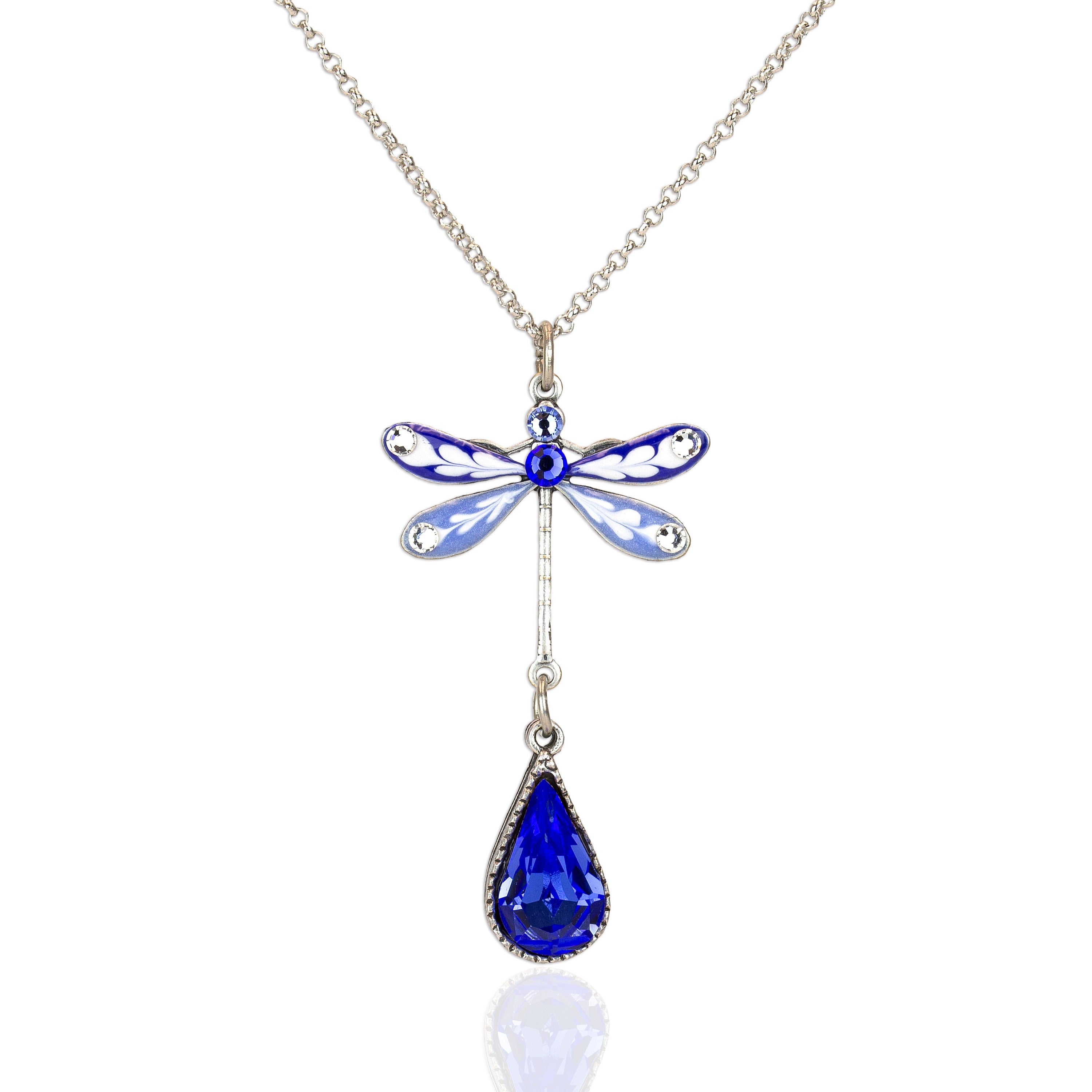 Anne Koplik Designs' Enamel/Crystal Blue Dragonfly w/ Sapphire Drop Necklace showcases silver-plated jewelry with blue and white enamel wings and a sparkling sapphire teardrop pendant.