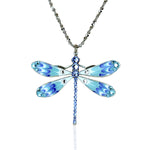 The Anne Koplik Designs Enamel/Crystal Dragonfly Blue Necklace features blue and turquoise enamel wings with sparkling crystals, reflecting ocean-inspired elegance, beautifully displayed on a white background.