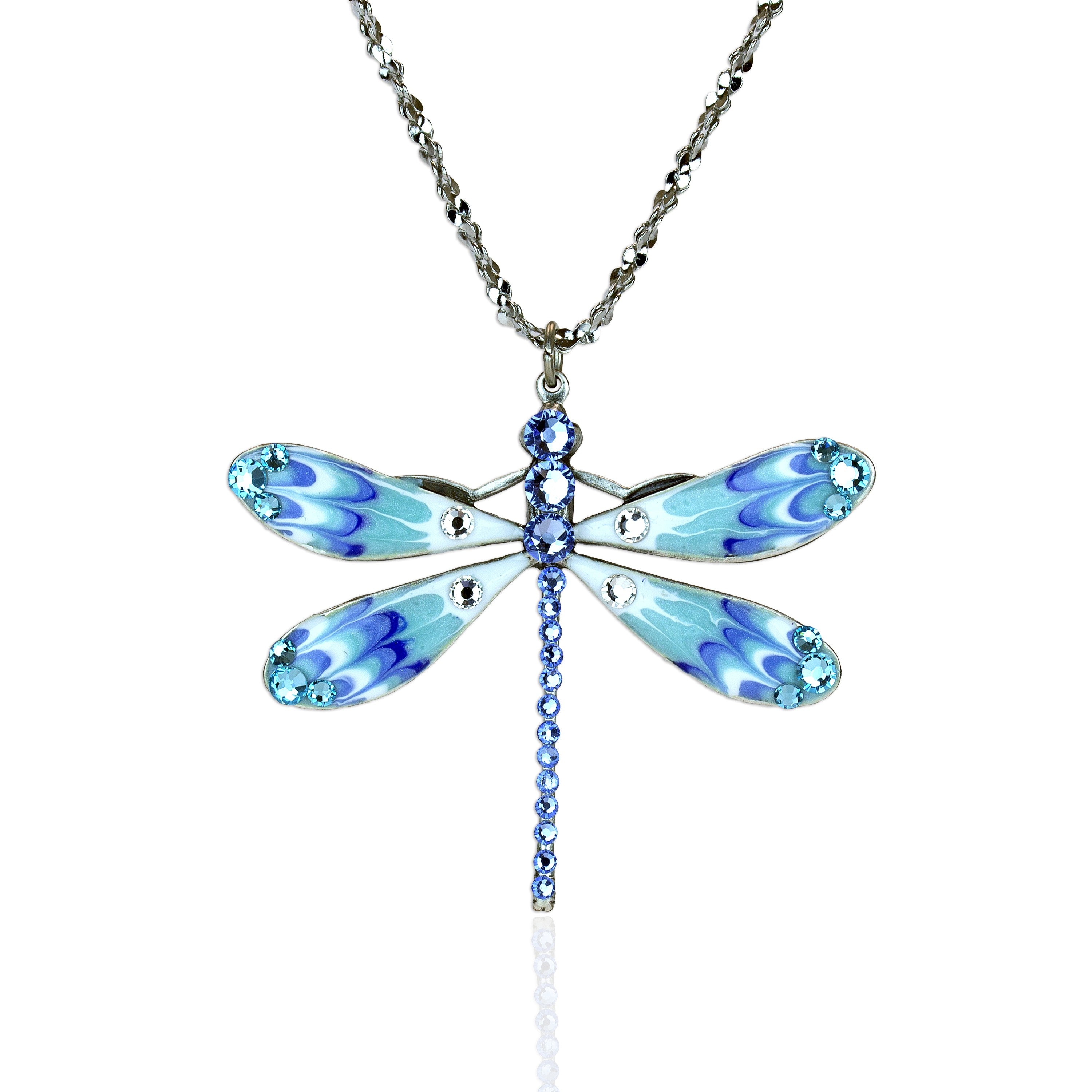 The Anne Koplik Designs Enamel/Crystal Dragonfly Blue Necklace features blue and turquoise enamel wings with sparkling crystals, reflecting ocean-inspired elegance, beautifully displayed on a white background.