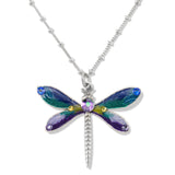 The Anne Koplik Designs, Inc. Enamel & Stone Dragonfly Blue/Green Necklace features a dragonfly pendant with blue, green, and purple wings, gemstone accents, an antiqued silver finish, and an adjustable chain for the perfect fit.