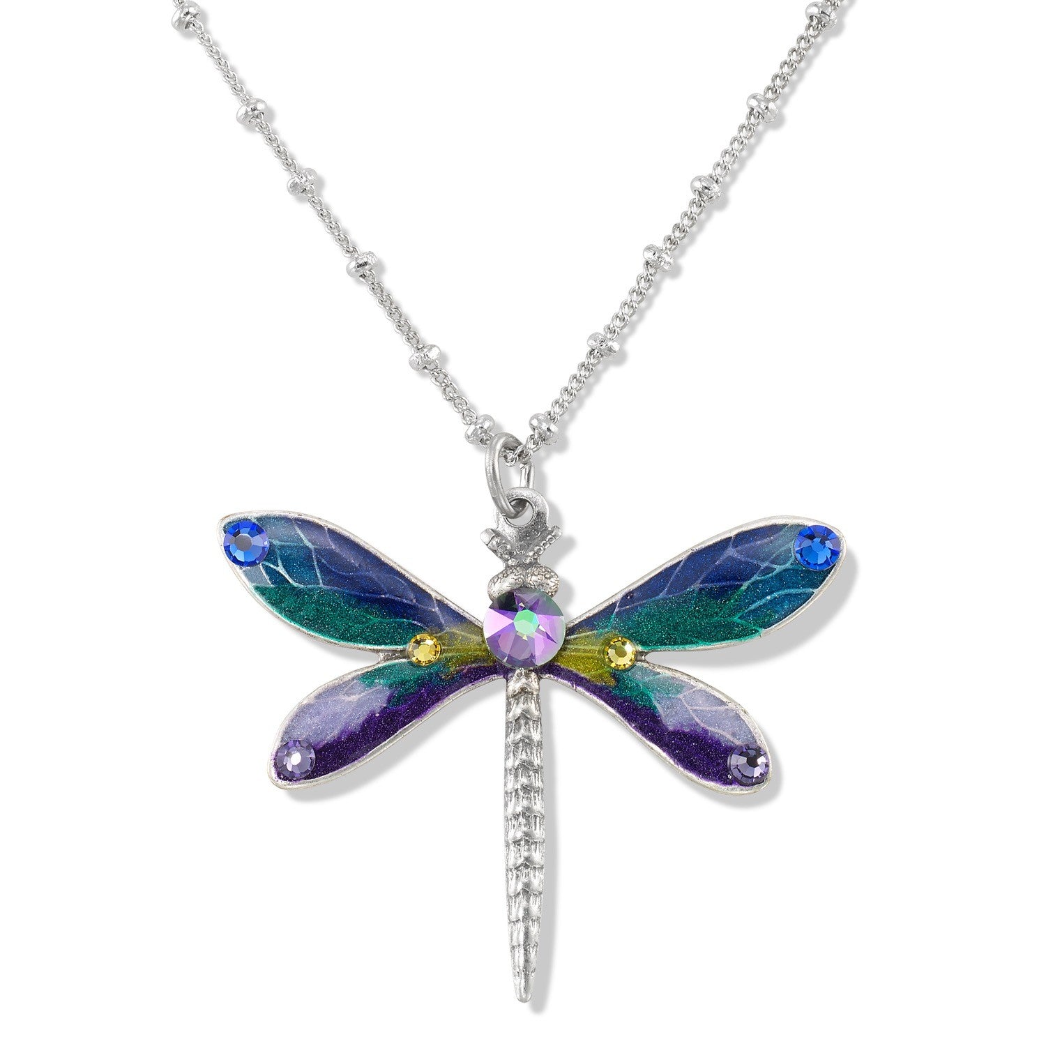The Anne Koplik Designs, Inc. Enamel & Stone Dragonfly Blue/Green Necklace features a dragonfly pendant with blue, green, and purple wings, gemstone accents, an antiqued silver finish, and an adjustable chain for the perfect fit.