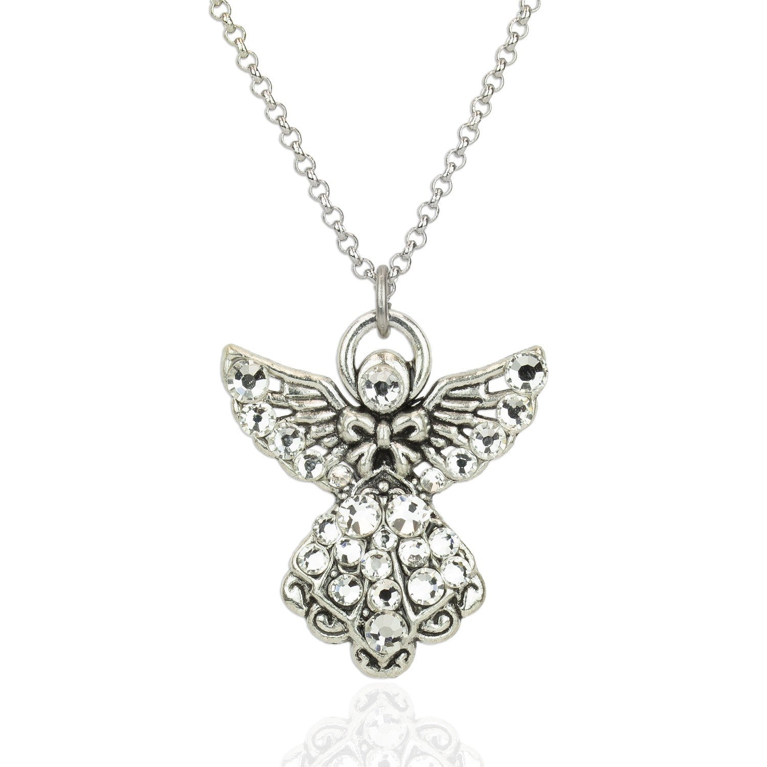 The Anne Koplik Designs, Inc. Clear Crystal Angel w/Wings Necklace displays a sparkling angel pendant with crystal-adorned wings and body on a simple chain, shown against a white background.