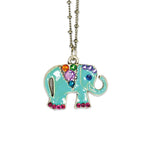 The Enamel/Stone Aqua Elephant Necklace by Anne Koplik Designs, Inc. is a silver plated piece featuring a turquoise enamel elephant pendant with colorful gemstones—pink, orange, purple, green, and blue—for added vibrance.