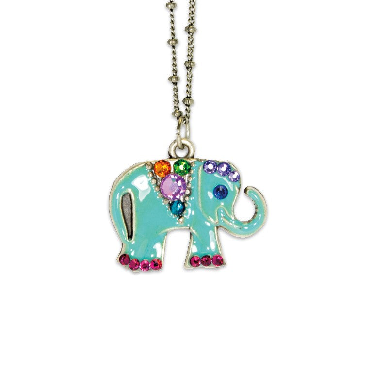 The Enamel/Stone Aqua Elephant Necklace by Anne Koplik Designs, Inc. is a silver plated piece featuring a turquoise enamel elephant pendant with colorful gemstones—pink, orange, purple, green, and blue—for added vibrance.